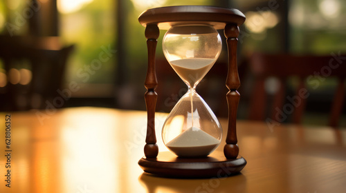 Hourglass on the table on blur background