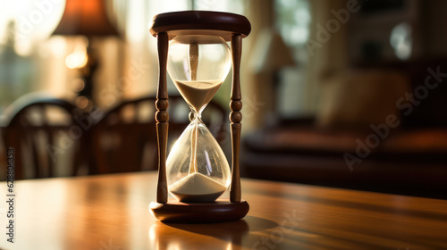 Hourglass on the table on blur background