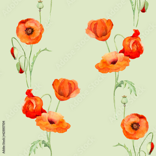 Fototapeta Naklejka Na Ścianę i Meble -  Watercolor seamless pattern with hand drawn summer bright red poppy flowers. Isolated on color background. Design for invitations, wedding, love or greeting cards, paper, print, textile