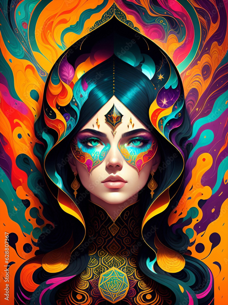 fantasy woman, geometrical drawing, multicolored generative ai illustration, these depiction is fictitious and generated