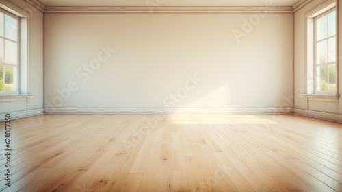 Beige wall empty apartment room with wooden floor. Copy space for product placement. Generative AI © AngrySun