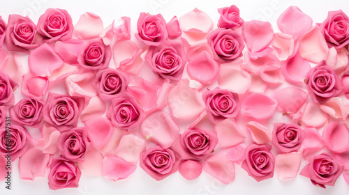Close up of blooming pink roses and petals on white background.  Decorative romantic banner. 