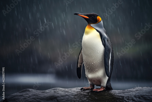 Penguin on stone standing noble in rainy water. Generative ai
