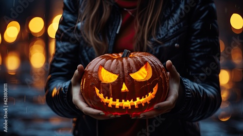Woman carrying a carved Halloween pumpkin head laughing in horror