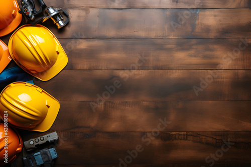 construction helmet on left side and wooden background with copy space ai generated art 