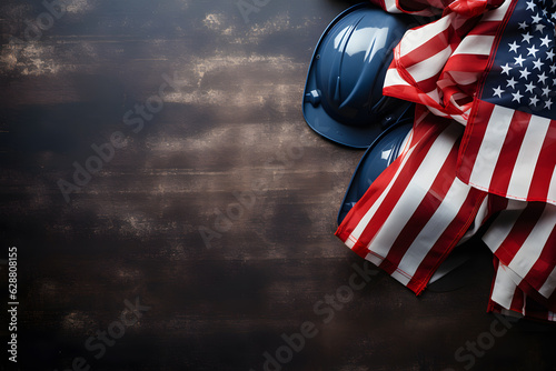 construction helmet and usa flag flat lay labor day background ai generated art 