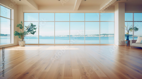 Empty apartment room with wooden floor of beach house. Sea view from windows. Copy space. Generative AI