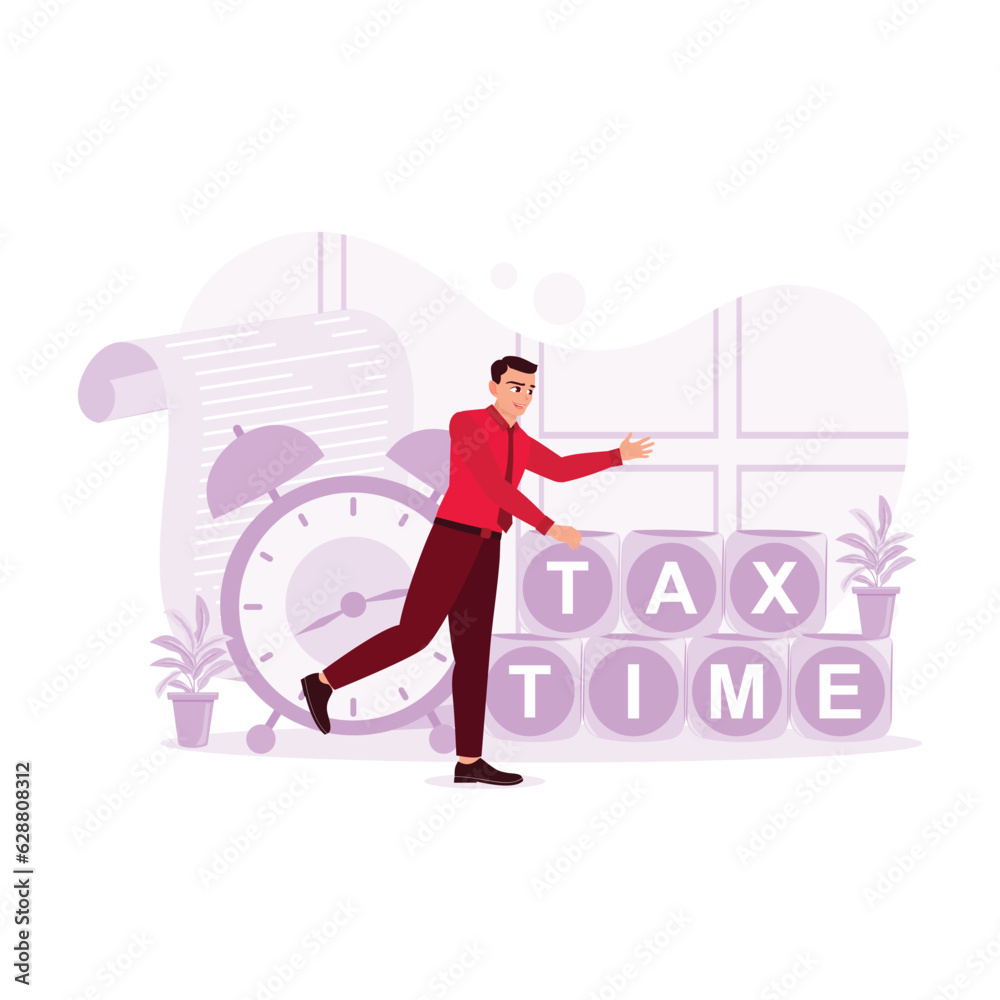 Businessman with block saying tax time against clock and forms background. Trend Modern vector flat illustration Businessman with block saying tax time against clock and forms background. Trend Modern vector flat illustration