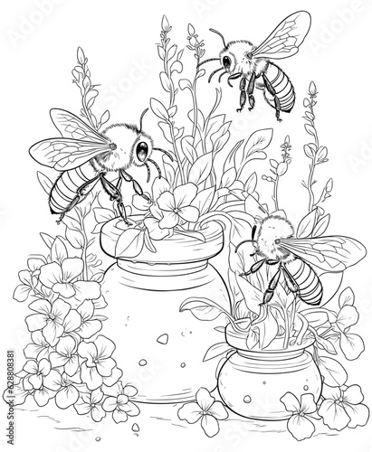 Bee with flowers coloring page for adults