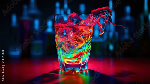 Foto Glass of cocktail in hypnotic neon light