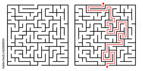 Vector Square Maze. Labyrinth with Included Solution in Black  Red. Funny  Educational Mind Game 