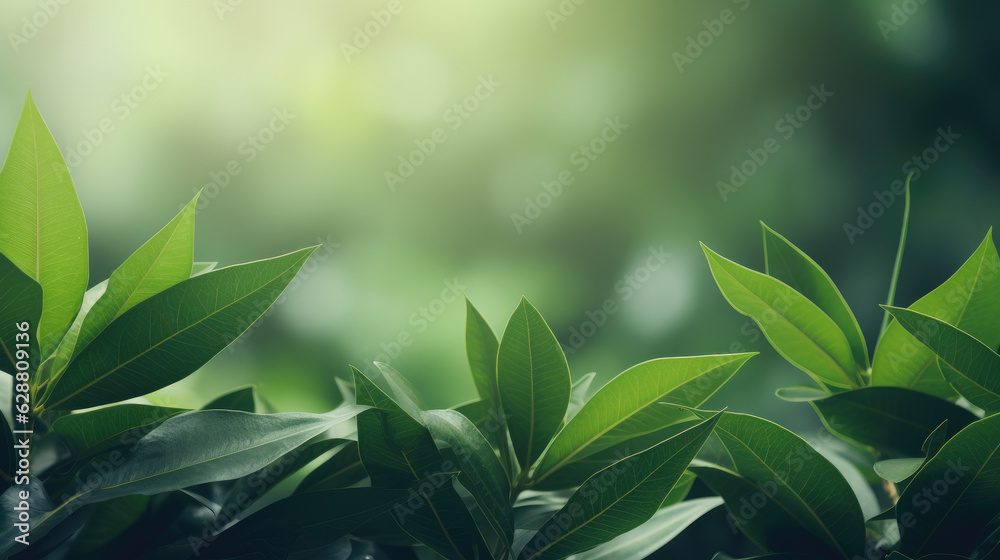 Natural plant sunny out of focus background with dark green fresh leaves. Generative ai