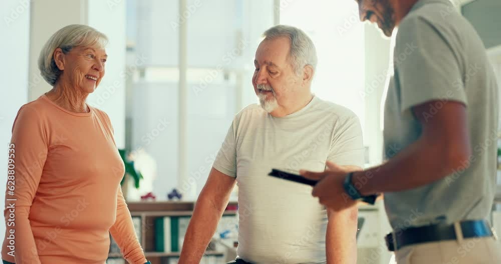 Physiotherapy, handshake and man on tablet with elderly couple for medical care, consulting and wellness. Chiropractor greeting male and woman for physical therapy, rehabilitation and healthcare Physiotherapy, handshake and man on tablet with elderly couple for medical care, consulting and wellness. Chiropractor greeting male and woman for physical therapy, rehabilitation and healthcare