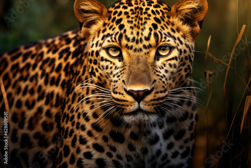 Menacing black spotted yellow leopard looking at camera with serious facial expression. Generative ai