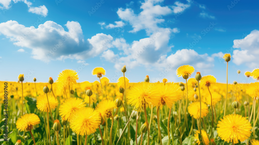 Fototapeta premium Meadow with many yellow dandelion flowers and cloudy blue sky, summer nature background. Generative ai