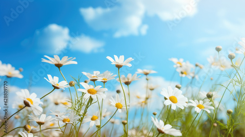 Meadow flowers, yellow white daisies, blue sky clouds background. Generative ai