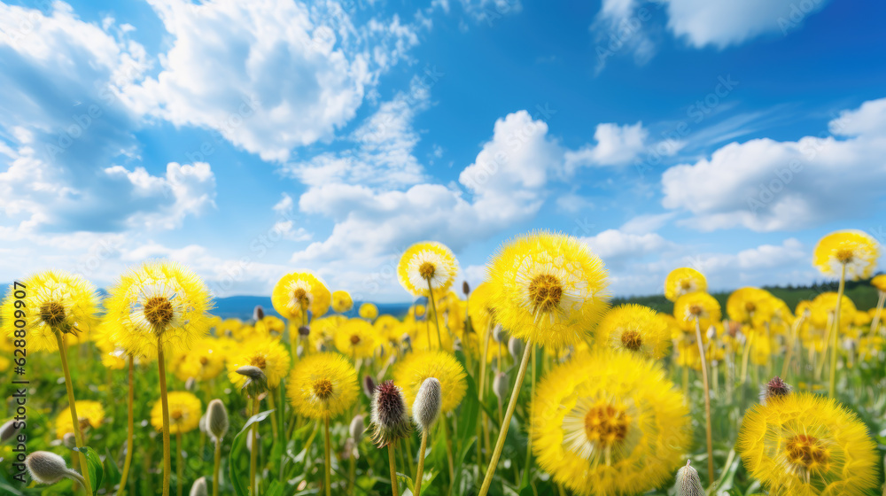 Fototapeta premium Many yellow dandelion flowers in meadow inn nature in summer. Generative ai