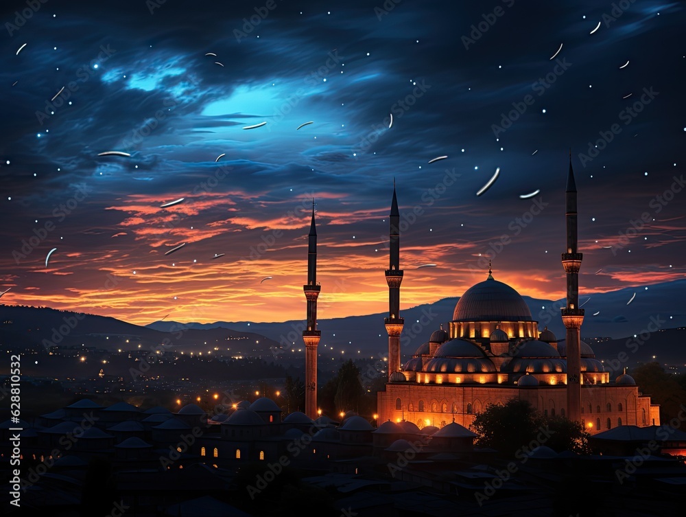 A crescent moon in the twilight sky after sunset over the dome of the mosque and the ancient city. Generated by AI.