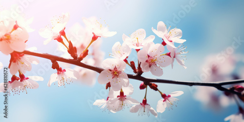 Macro shot of blooming cherry branches at sunset  soft focus background. Generative ai