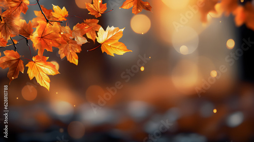 Autumn background with autumn leaves falling. Brown maple leaves flying. Blurred background and copy space