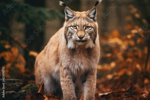 Lynx sitting looking at camera among dry plants in autumn. Generative ai