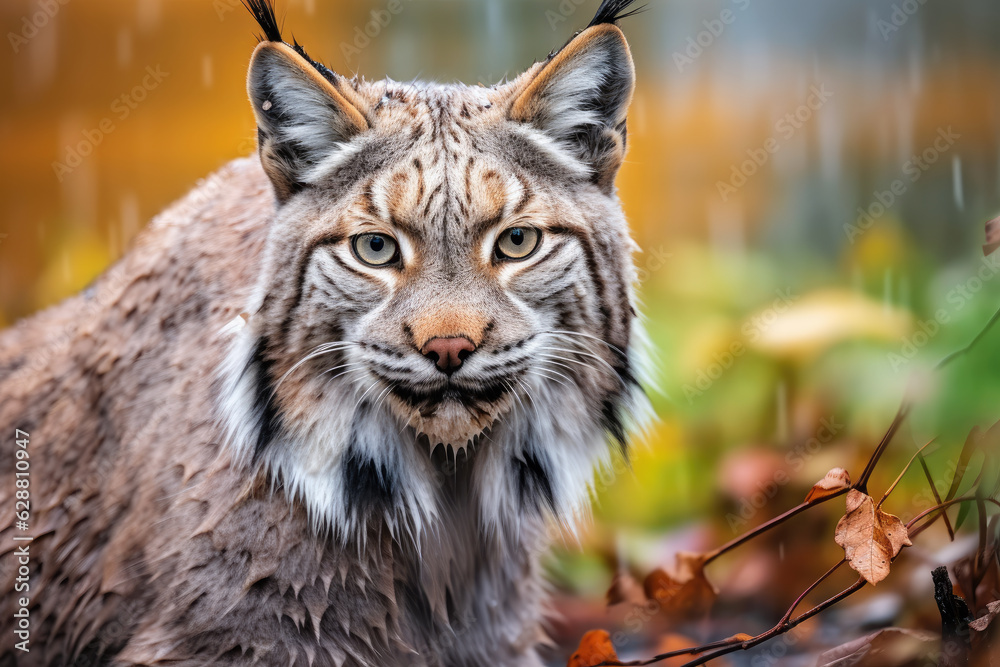Fototapeta premium Longhaired wet lynx looking at camera, splash theme. Generative ai