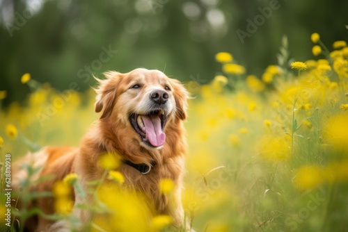 portrait of a happy dog in on a fair weather afternoon in a beautiful field with sunlight