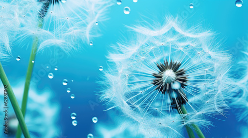 Light blue dandelion flower seeds close-up background. Generative ai