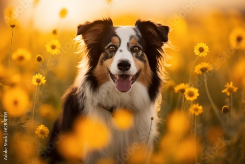 portrait of a happy dog in on a fair weather afternoon in a beautiful field with sunlight © AberrantRealities