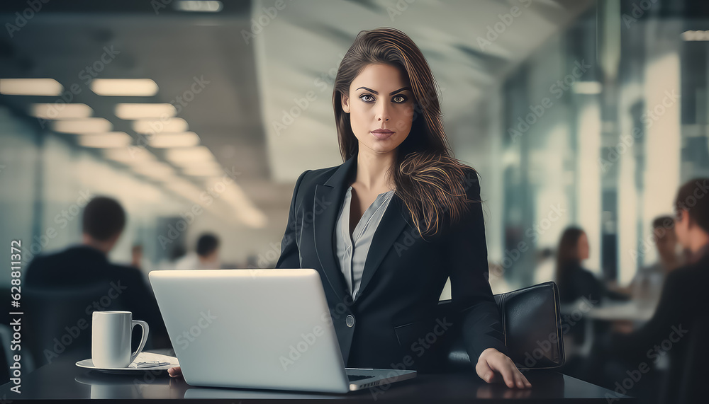 Woman sitting at the desk with laptop in modern office