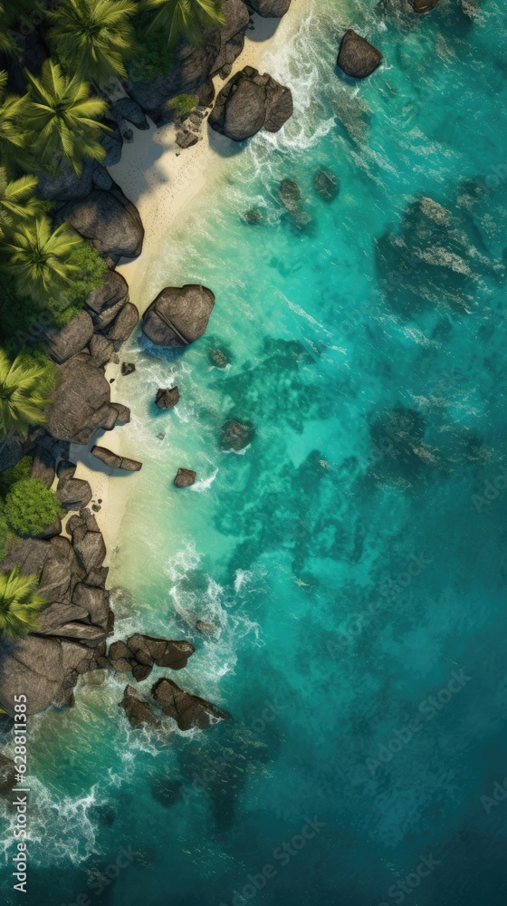 aerial top view of tropical island with beach, sand and clear teal water