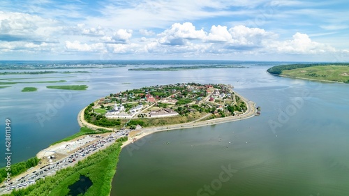 Aerial view Island-city of Sviyazhsk. Historical, tourist attraction of Russia and the Republic of Tatarstan. An island at the confluence of the Sviyaga River with the Volga. Churches, temples