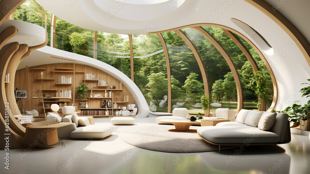 Fototapeta premium Modern room in house surrounded with forest. Large windows, organic architecture. Generative AI