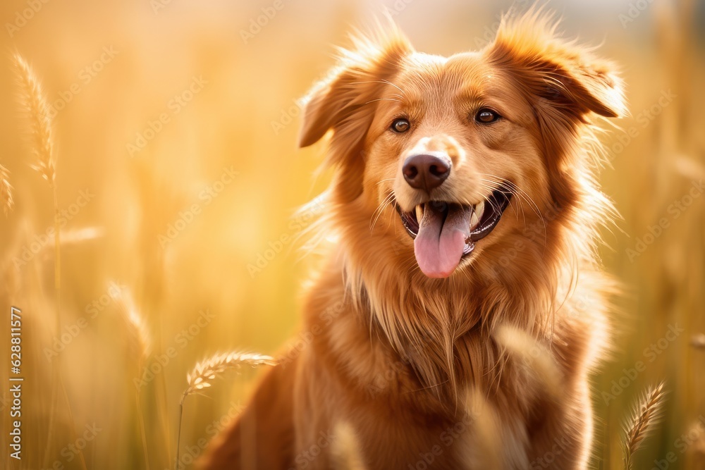 Fototapeta premium portrait of a happy summer dog outdoors in a field landscape