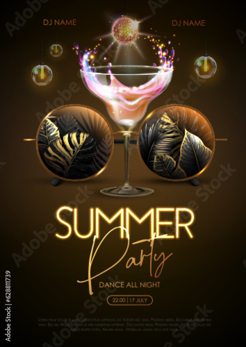 Summer disco party poster with round shaped sunglasses, fluorescent tropic leaves and cocktail. Vector illustration.