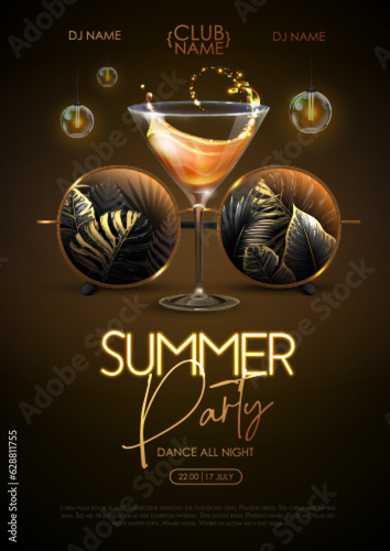 Summer disco party poster with round shaped sunglasses, fluorescent tropic leaves and cocktail. Vector illustration.