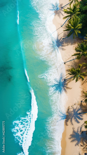 Aerial top view on sand ocean beach with palm trees. Summer vacation paradise concept. Vertical. Generative AI