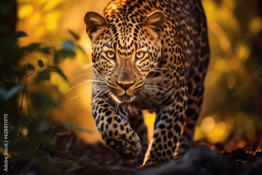 Image of yellow leopard with black spots walking towards camera in forest in sunny weather. Generative ai