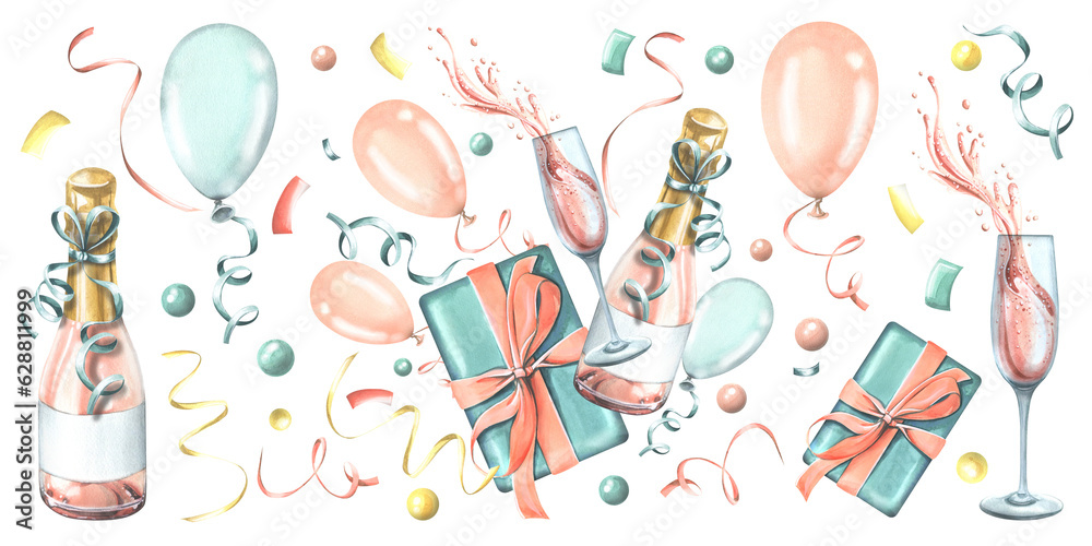 Gift box with a bottle and a glass of champagne, with balloons and confetti, in pink and blue. Watercolor illustration hand drawn. Set of isolated elements on a white background.