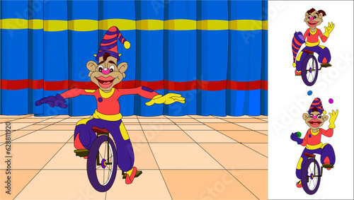 Collection of magicians.Magicians with one wheel bicycle playing, magic winds and hats.Isolated on white background. Cartoon style. Vector illustration - Vector