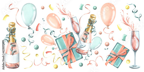 Gift box with a bottle and a glass of champagne, with balloons and confetti, in pink and blue. Watercolor illustration hand drawn. Set of isolated elements on a white background.