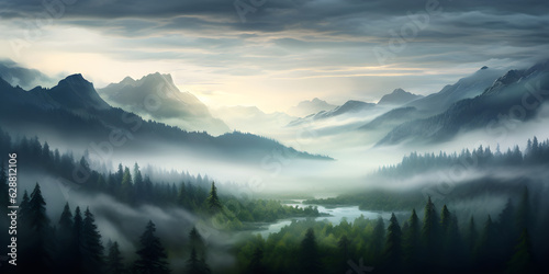 Photo realistic illustration of mountains forest fog morning mystic created  with Generative AI technology © Oksana