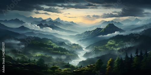 Photo realistic illustration of mountains forest fog morning mystic created with Generative AI technology