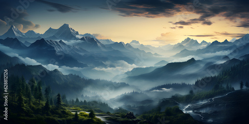 Photo realistic illustration of mountains forest fog morning mystic created  with Generative AI technology