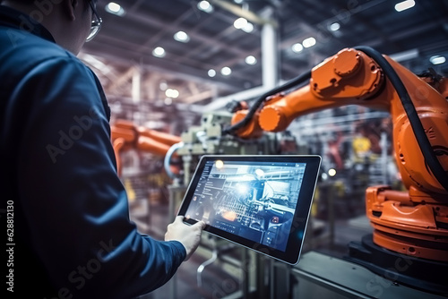Industry 4.0: Engineer Monitoring Robotics Welding in Intelligent Factory. Digital manufacturing operation. Generative AI.