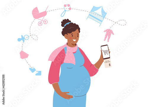 Pregnant African-American woman holds a smartphone in her hand. Shopping online in the mobile application. Children's things, toys.