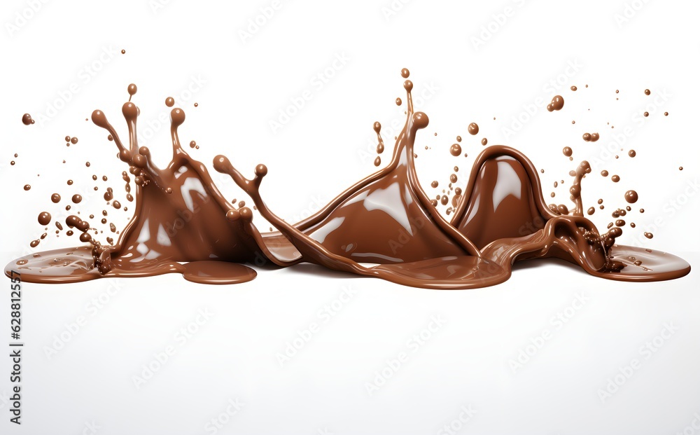 Fototapeta premium 3d realistic illustration melted chocolate. Photo-realistic chocolate pouring and dropping on white background created with Generative AI technology