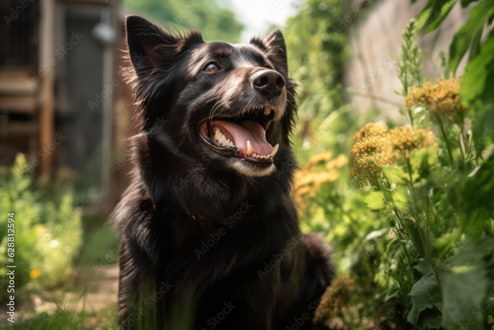 outdoor portrait of a happy dog in a suburban summer neighborhood yard