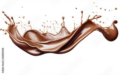 3d realistic illustration melted chocolate. Photo-realistic chocolate pouring and dropping on white background created with Generative AI technology