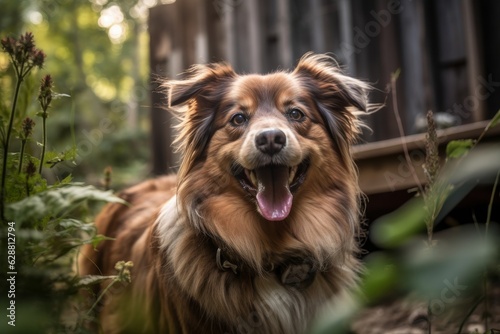 outdoor portrait of a happy dog in a suburban summer neighborhood yard
